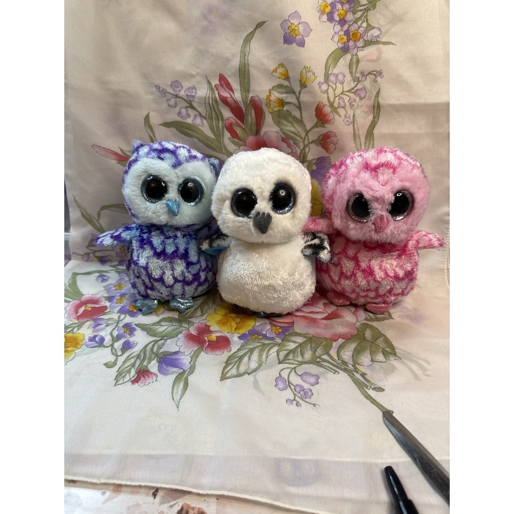 Ty Beanie Boo‎ Owl Trio-Pink,White,Purple sparkle, plush, stuffed animals, Lot